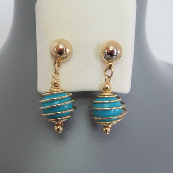 New Gold Tone Faux Turquoise Bead Dangle Pierced Earrings 1.75" Long - Picture 2 of 4